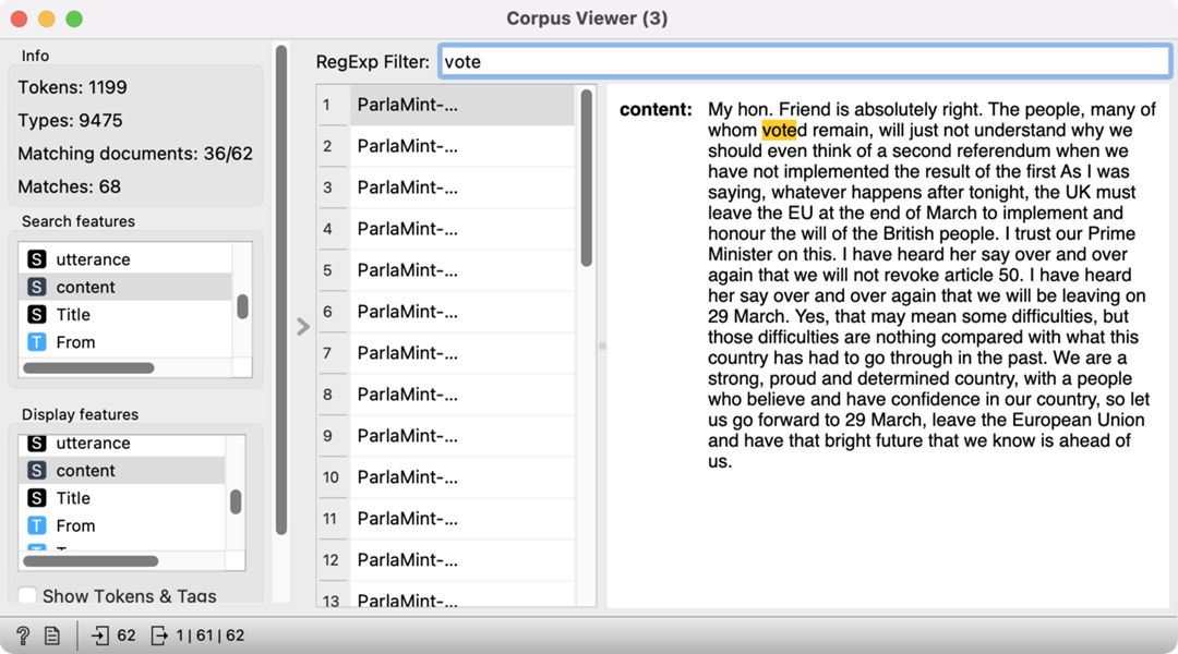 Figure 23: Corpus Viewer with speeches containing the word "vote".